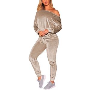 Beige Cute Velvet Woman 2 Piece Off One Shoulder Sweatshirt Jogging Sweatsuit SM
